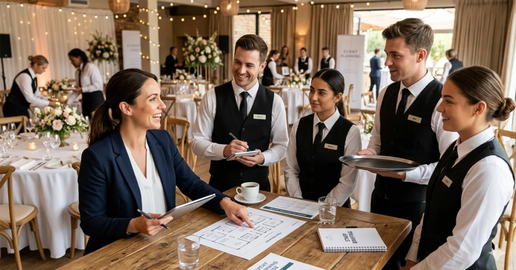 Corporate event planner reviewing staffing options with a professional event staffing company