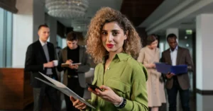 Professional event staff serving guests at a corporate dinner reception