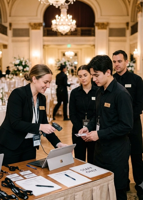 Staff checking staff members for a formal event