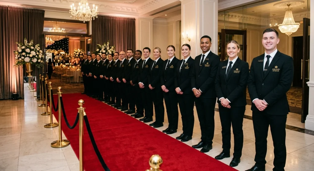 Noble staff members waiting for guest to arrive at an event.