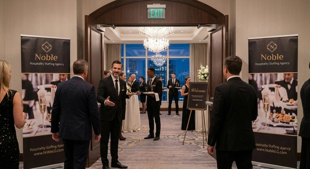 Noble staff greeting guest at an indoor event