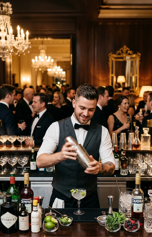 A bartender making a drink at an upscale event at a hotel ballroom