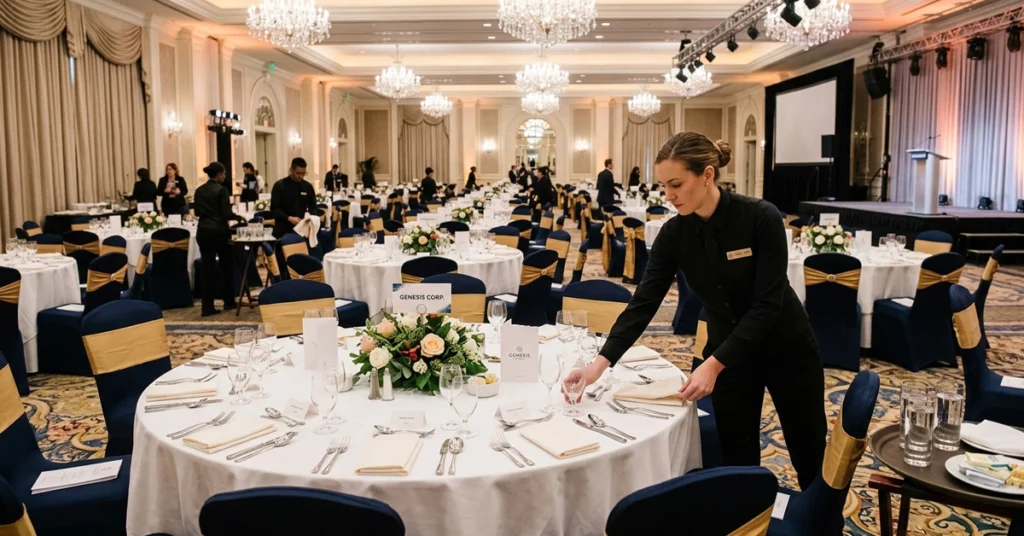 Hotel banquet staff preparing a large ballroom for a corporate event in South Florida