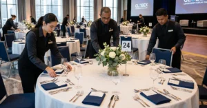 Hotel banquet staff preparing a large ballroom for a corporate event in South Florida