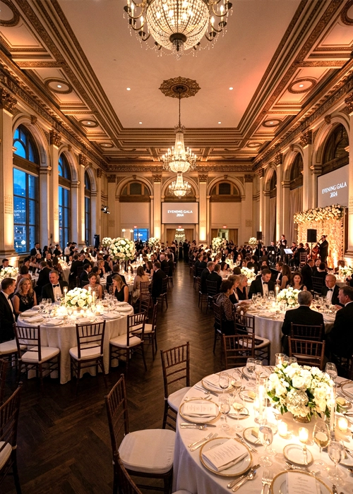 View of a large hotel ballroom set for a South Florida corporate conference