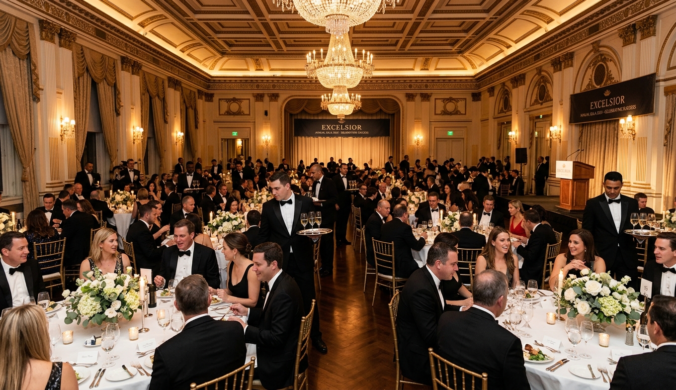 Uniformed event staff serving guests at an elegant black-tie corporate gala