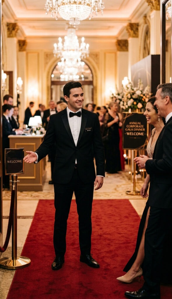 Polished event staff greeting VIP guests at a formal corporate gala arrival