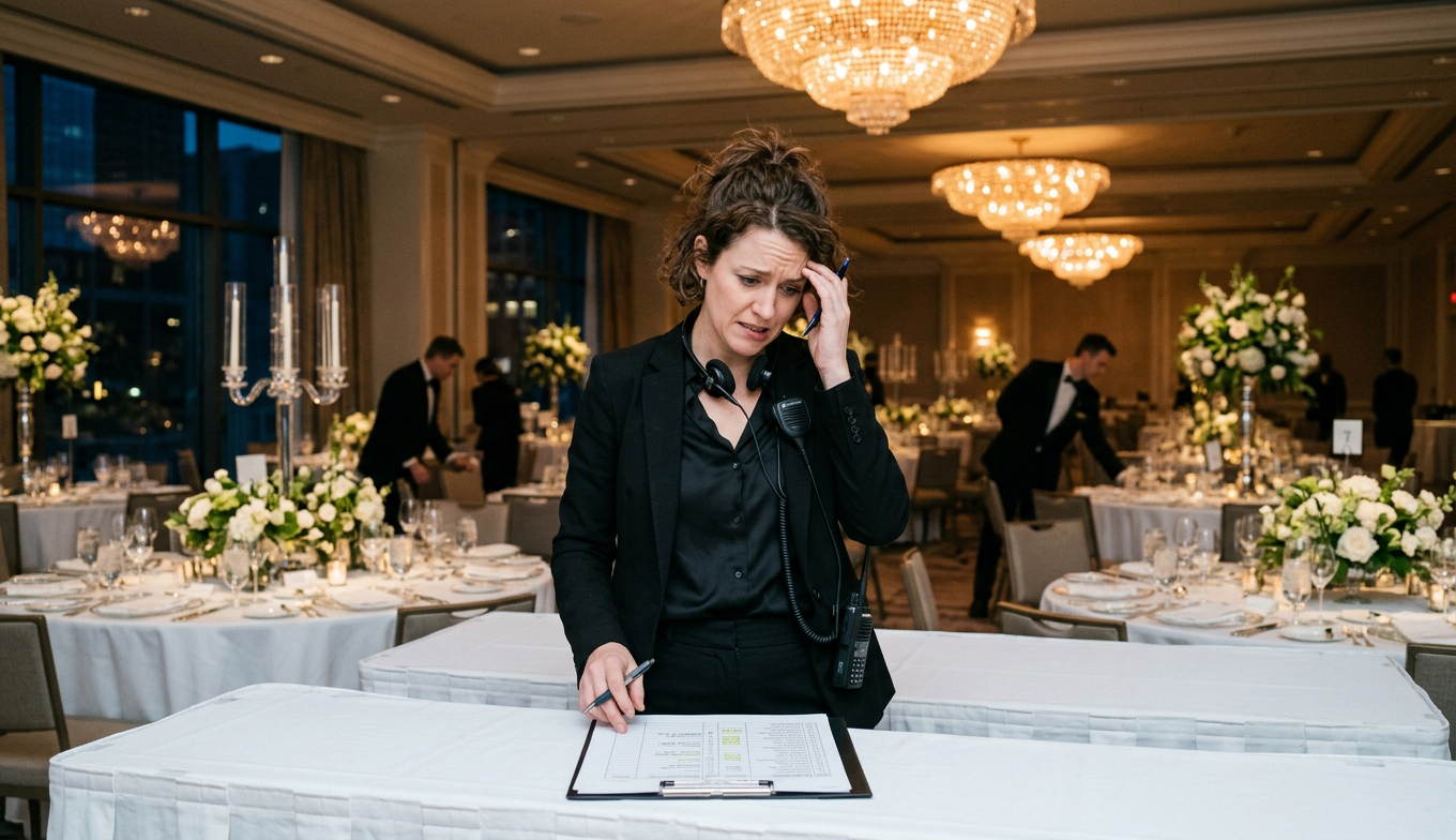 Stressed staff member before a formal gala event
